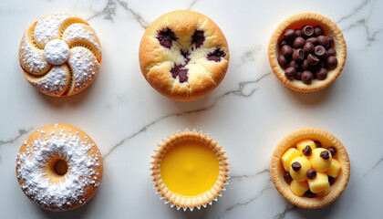 Assorted mini pastries and tarts on marble background, creative top view dessert composition with cream, chocolate, and berry fillings, bakery minimal concept