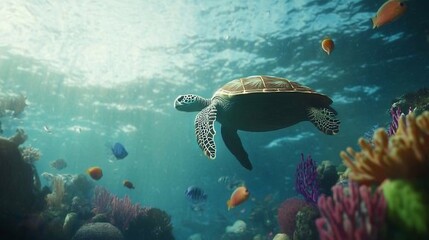 Fototapeta premium Serene underwater scene with a large sea turtle swimming gracefully alongside fish of various colors and sizes surrounded by vivid coral and softly filtered light from the ocean surface