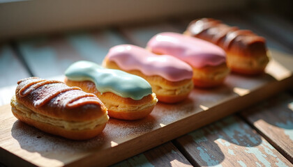 Colorful eclairs with pastel icing and cream filling on wooden board in natural light, elegant French pastry dessert composition with soft morning shadows