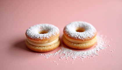 Mini cream donuts with powdered sugar on pink pastel background, sweet minimalist dessert composition in soft natural light for bakery branding and social media