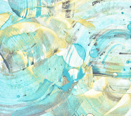 Abstract expressionist artwork with swirling blue and yellow brushstrokes and dynamic patterns.