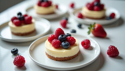 Mini cheesecakes with fresh raspberries and blueberries on plates, elegant homemade dessert concept in natural light, minimal food styling for bakery advertising