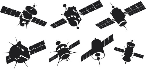 Satellite silhouette vector set with solar panels and antennas, communication and space technology illustration collection for science, orbit, and exploration design