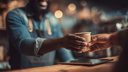 Barista Serving Coffee with Payment Confirmation on Tablet in Warm Café Setting