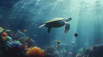 Obraz premium Serene underwater scene with a large sea turtle swimming gracefully alongside fish of various colors and sizes surrounded by vivid coral and softly filtered light from the ocean surface