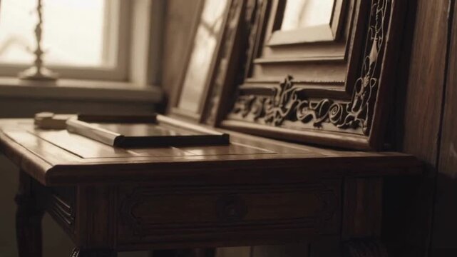 Sepia-toned tilt-down shot of old, intricately carved wooden picture frames and a clock resting on an antique table in a room with soft window light.