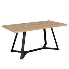 Contemporary dining table in loft style with black metal frame and wooden tabletop. Minimalist kitchen or dining room furniture on white background.
