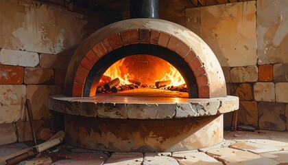 Brick Oven with Fire and Pizza Stone.