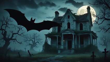 Spooky Halloween night bat flies past haunted house under full moon