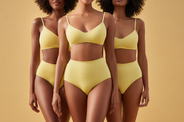 Three models showcasing diverse skin tones in stylish yellow undergarments. A celebration of body positivity and natural beauty.
