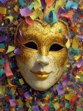 a mask adorned with intricate golden details winked mischievously as it danced among a cascade of vibrant confetti a spectacle of color and celebration