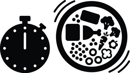 Healthy cooking vector art of efficient meal prep logo with clock and food plate