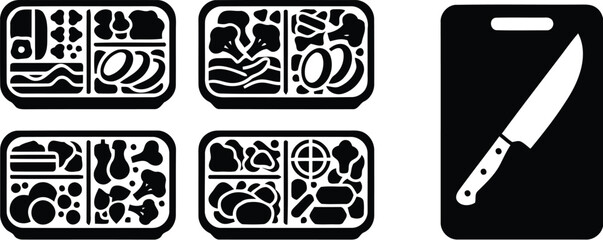 Healthy cooking vector art of meal prep containers and cutting board, , healthy eating