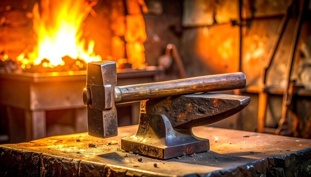 A blacksmith's forge, capturing a hammer resting on an anvil with a blazing furnace in the background, illuminating the workspace - Powered by Adobe