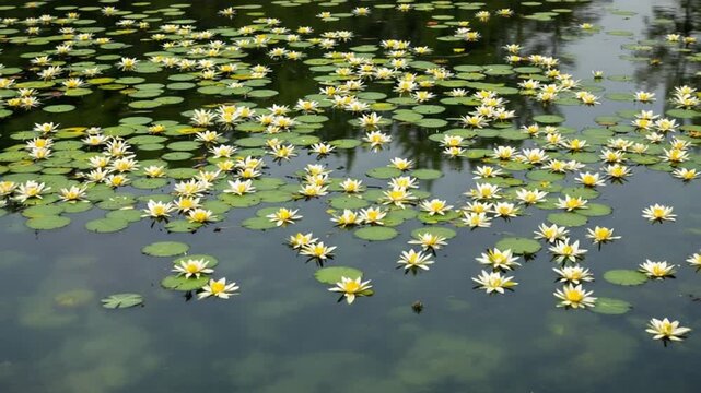 Lily Pads and Flowers in a Tranquil Pond.