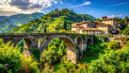 Italian Village Scenic Landscape with Bridge.