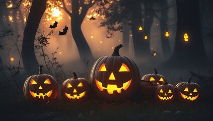 Spooky Halloween pumpkins glowing with warm light in a dark forest scene