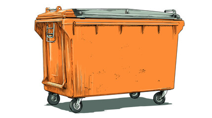 Illustrated orange dumpster with gray lid and black background, showcasing waste management or garbage collection infrastructure.