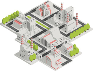 Isometric 3D illustration of industrial factory complex with smokestacks, production buildings, roads, and green landscape, modern manufacturing industry concept