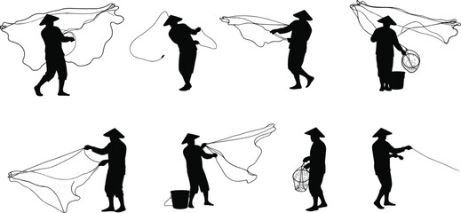 Obraz premium Silhouette illustration of traditional fishermen casting fishing nets by hand, village fishing lifestyle vector concept showing rural people working on water