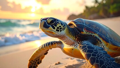 Sea Turtle on Beach at Sunrise.