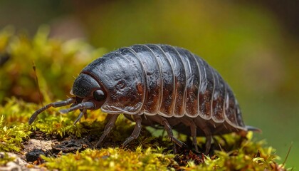 Closeup of a Pillbug on Moss.