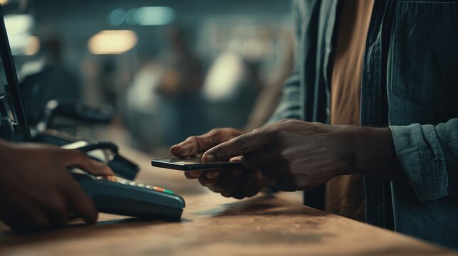 Man Using Smartphone for Payment at Checkout Counter in Cinematic Tones