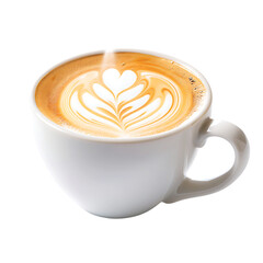 A beautiful latte with intricate milk art in a white ceramic cup, perfect for a morning treat.