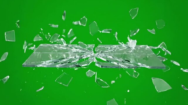 Shattered glass exploding outwards on a vibrant green background, representing destruction and impact.