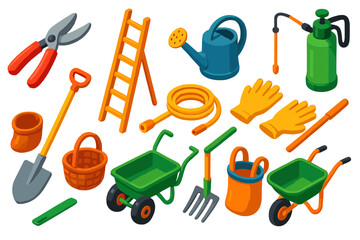 Orchard Tools Icons. Isometric vector illustration set Orchard Tools: pruning shears, ladder, watering can, hose, sprayer, gloves,