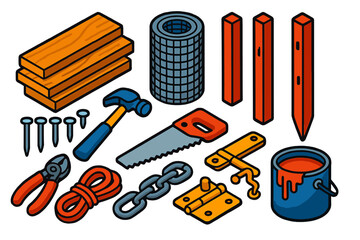 Obraz premium Farm Fence Supplies. Isometric vector illustration set Farm Fence Materials: wooden planks, metal mesh roll, fence posts, nails,
