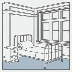 A simple line drawing of a vintage hospital room with a metal bed frame a white pillow a bedside table with drawers and a multi paned window