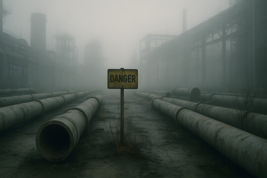 Abandoned industrial area with danger Sign in fog. Post-apocalyptic scene, horizontal