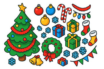 Fototapeta premium Winter Festive Icons. Isometric vector illustration set Winter Festive Set: Christmas tree, baubles, string lights, tinsel, star