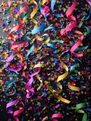 colorful confetti and vibrant streamers scattered across a black backdrop create a joyful celebration atmosphere emphasizing festive spirit and party decorations