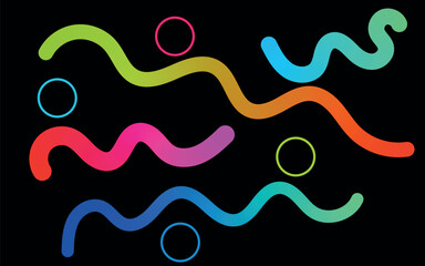 Vibrant neon wavy lines and abstract circles on a dark background creating a playful and energetic abstract design