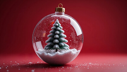 Clear Glass Christmas Bauble with Miniature Flocked Pine Tree and Snow Inside on a Deep Red Background, Traditional Holiday Scene for Seasonal Websites, Promotions, and Festive Banners1