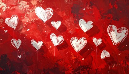 Romantic Hearts on Red Background.