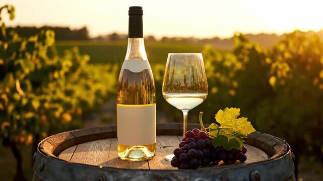 Sunset Wine and Grapes - A serene sunset scene featuring a bottle of white wine and a glass on a wooden barrel, surrounded by lush grapevines.