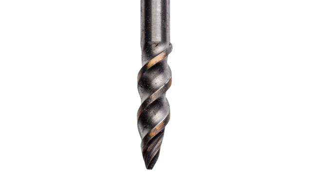 Drill Bit Close-up: A detailed macro shot of a sharp, spiral drill bit, showcasing its precision and design, ideal for construction and DIY projects.