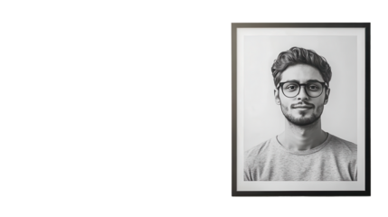Framed Portrait of a Person: A striking portrait captures a person gaze, his demeanor conveying thoughtfulness, he is a figure of modern style, captured in a detailed monochrome.