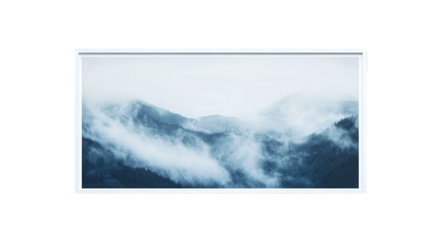 Mountain Serenity: A mesmerizing landscape unfolds, with rugged mountains shrouded in a dreamy mist, capturing the serene beauty of nature.