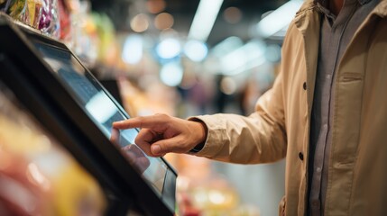 Young man using touchscreen checkout in modern grocery store