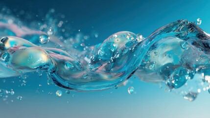 Dynamic swirling water splashes and bubbles create a stunning abstract liquid flow with vibrant blue and translucent tones, perfect for refreshing design concepts.