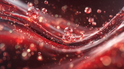 Captivating close-up of vibrant red liquid with luminous bubbles and shimmering bokeh creating an abstract, dynamic fluid motion for luxurious or scientific themes.