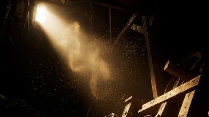 Dust Motes Floating in Sunlit Beam in Old Barn, Interior View - Powered by Adobe