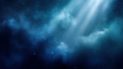 Fototapeta premium Dreamy ethereal blue light beams pierce through swirling mist and sparkling particles, creating a magical, serene, and tranquil atmosphere perfect for fantasy or cosmic themes.