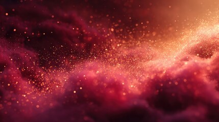 Stunning vibrant bokeh sparks drift through dreamy red nebula clouds creating an ethereal, magical atmosphere perfect for celebration and fantasy themes.