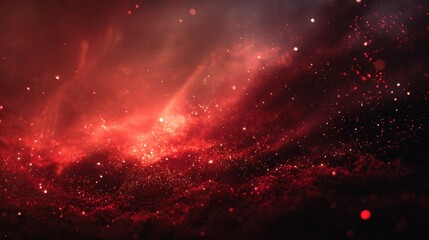 Captivating vibrant red nebula with shimmering particles and ethereal light creating a cosmic abstract background for dramatic science fiction or fantasy themes