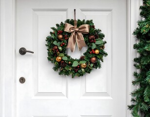 Christmas Door Wreath Decorated with Bow.